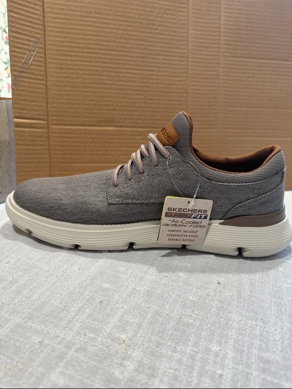 Skechers Men’s Gray Canvas Slip-On Style Sneakers with Tan Accents